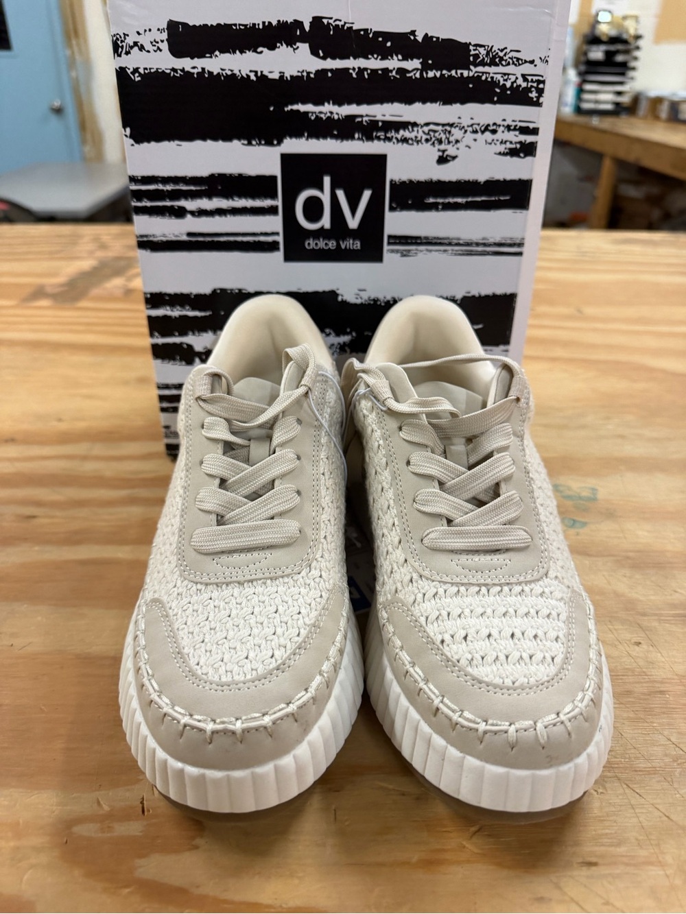 Dolce Vita Neutral Cream Knit Lace-Up Sneakers
